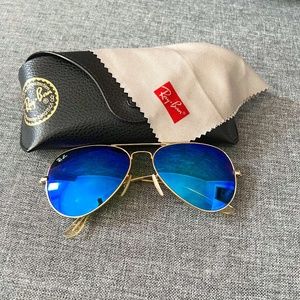 Ray-Ban Aviator Sunglasses, Gold and Blue Mirror Lenses, Genuine Women's Ray-Ban